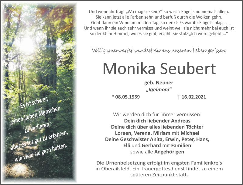  Traueranzeige für Monika Seubert vom 19.02.2021 aus Nordbayerischer Kurier