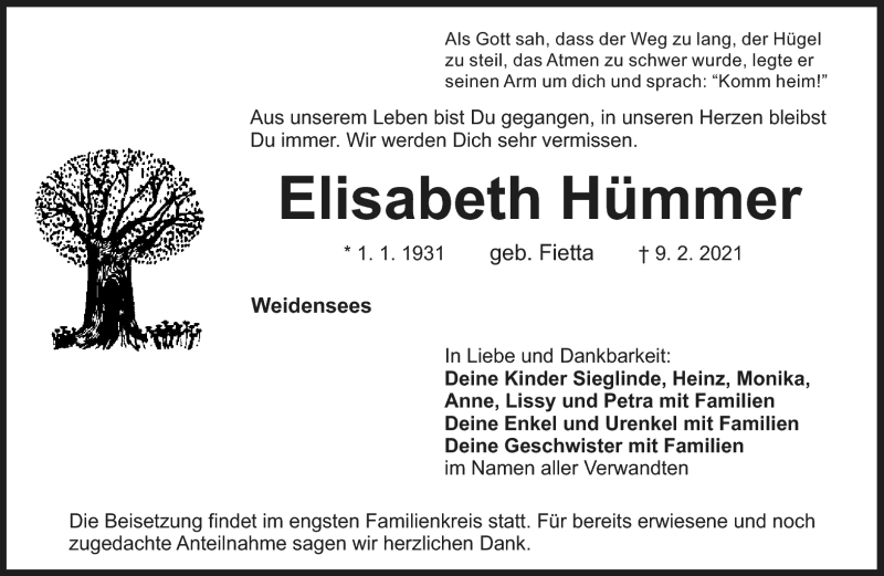  Traueranzeige für Elisabeth Hümmer vom 13.02.2021 aus Nordbayerischer Kurier