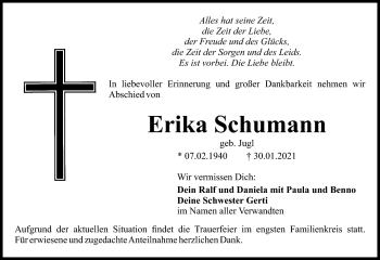 Anzeige von Erika Schumann von Nordbayerischer Kurier