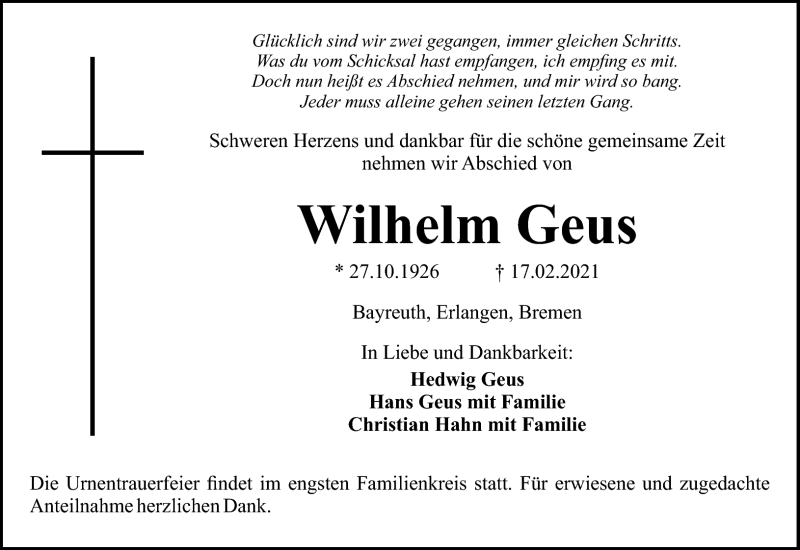  Traueranzeige für Wilhelm Geus vom 27.02.2021 aus Nordbayerischer Kurier