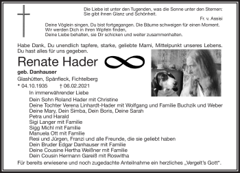 Anzeige von Renate Hader von Nordbayerischer Kurier