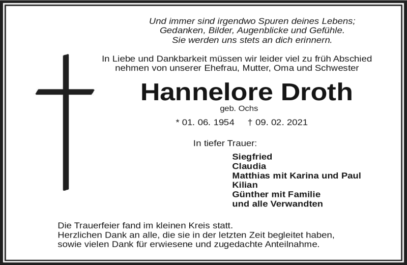  Traueranzeige für Hannelore Droth vom 20.02.2021 aus Nordbayerischer Kurier