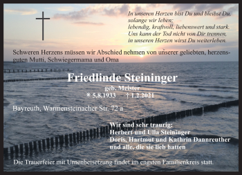 Anzeige von Friedlinde Steininger von Nordbayerischer Kurier