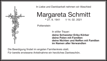 Anzeige von Margareta Schmitt von Nordbayerischer Kurier