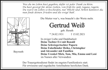 Anzeige von Gertrud Weiß von Nordbayerischer Kurier