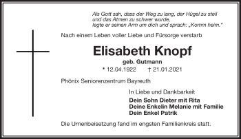 Anzeige von Elisabeth Knopf von Nordbayerischer Kurier