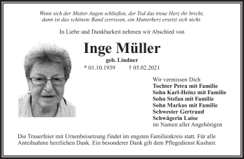 Anzeige von Inge Lindner von Nordbayerischer Kurier