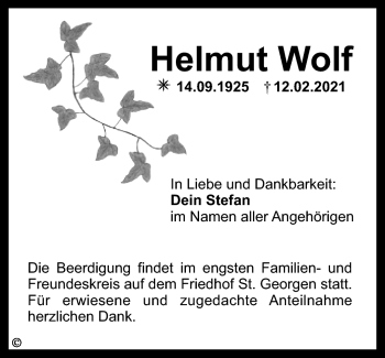 Anzeige von Helmut Wolf von Nordbayerischer Kurier
