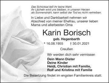 Anzeige von Karin Borisch von Nordbayerischer Kurier
