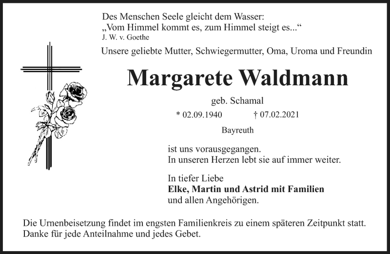  Traueranzeige für Margarete Waldmann vom 20.02.2021 aus Nordbayerischer Kurier