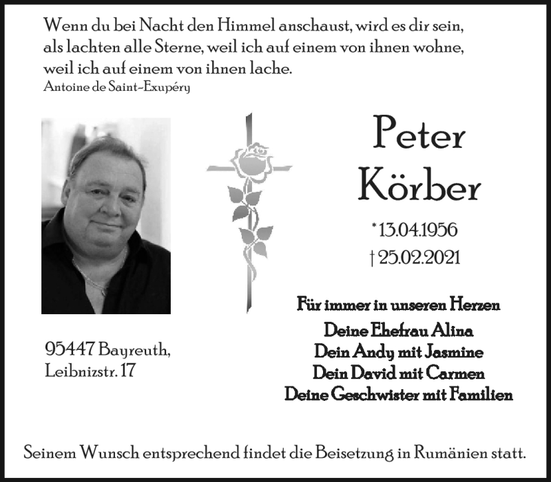  Traueranzeige für Peter Körber vom 27.02.2021 aus Nordbayerischer Kurier