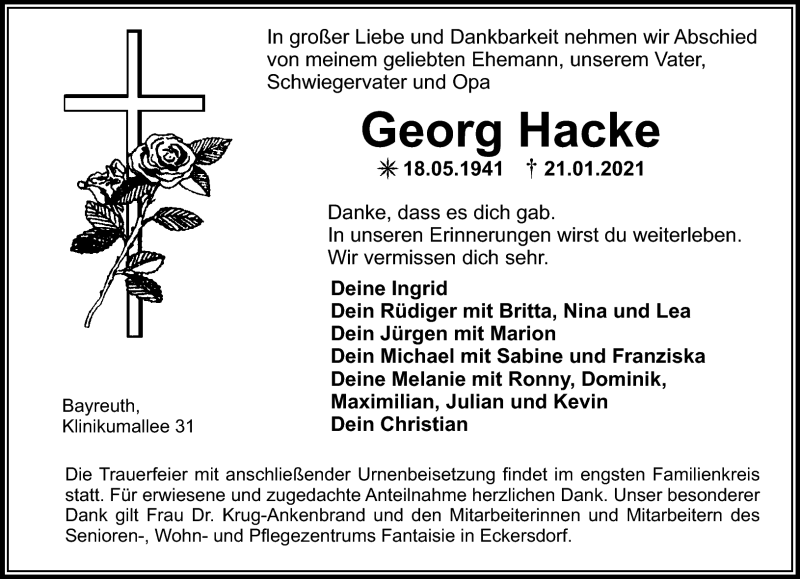  Traueranzeige für Georg Hacke vom 06.02.2021 aus Nordbayerischer Kurier