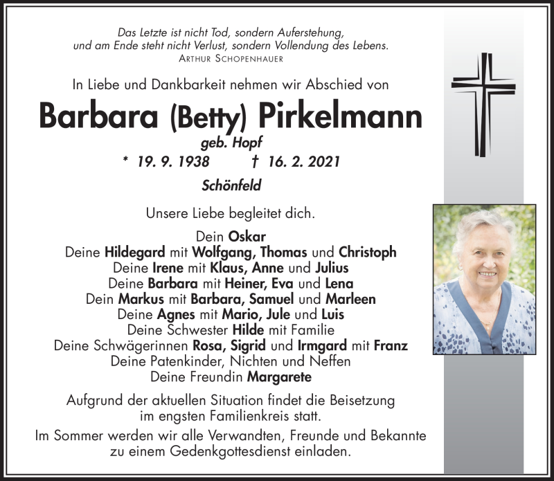  Traueranzeige für Barbara Pirkelmann vom 19.02.2021 aus Nordbayerischer Kurier