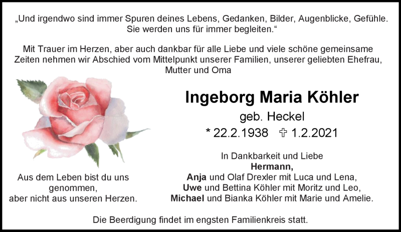  Traueranzeige für Ingeborg Köhler vom 09.02.2021 aus Nordbayerischer Kurier