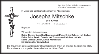 Anzeige von Josepha Mitschke von Nordbayerischer Kurier