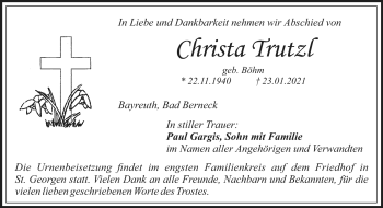 Anzeige von Christa Trutzl von Nordbayerischer Kurier