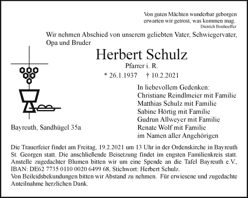  Traueranzeige für Herbert Schulz vom 17.02.2021 aus Nordbayerischer Kurier