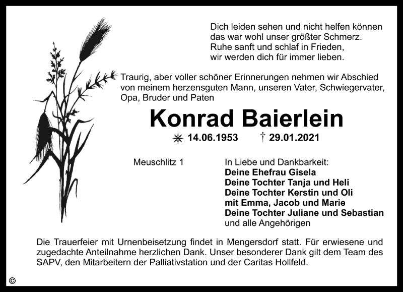  Traueranzeige für Konrad Baierlein vom 04.02.2021 aus Nordbayerischer Kurier