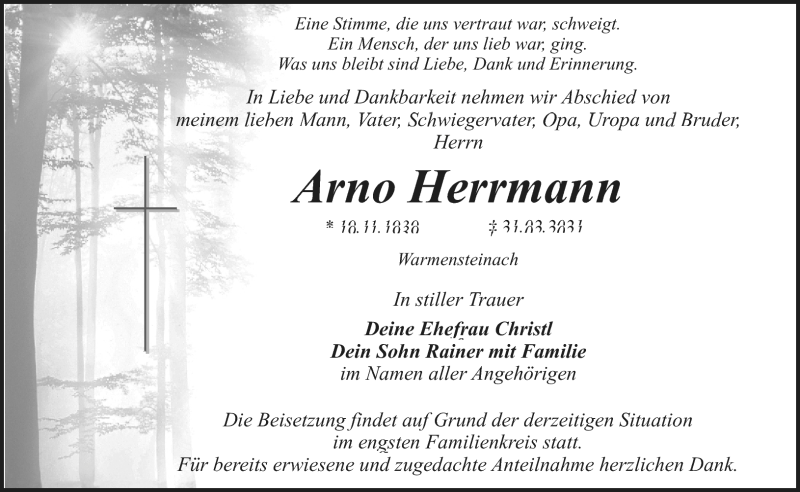  Traueranzeige für Arno Herrmann vom 25.02.2021 aus Nordbayerischer Kurier