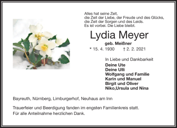 Anzeige von Lydia Meyer von Nordbayerischer Kurier