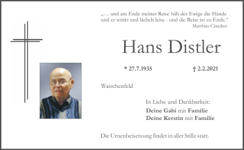 Anzeige von Hans Distler von Nordbayerischer Kurier