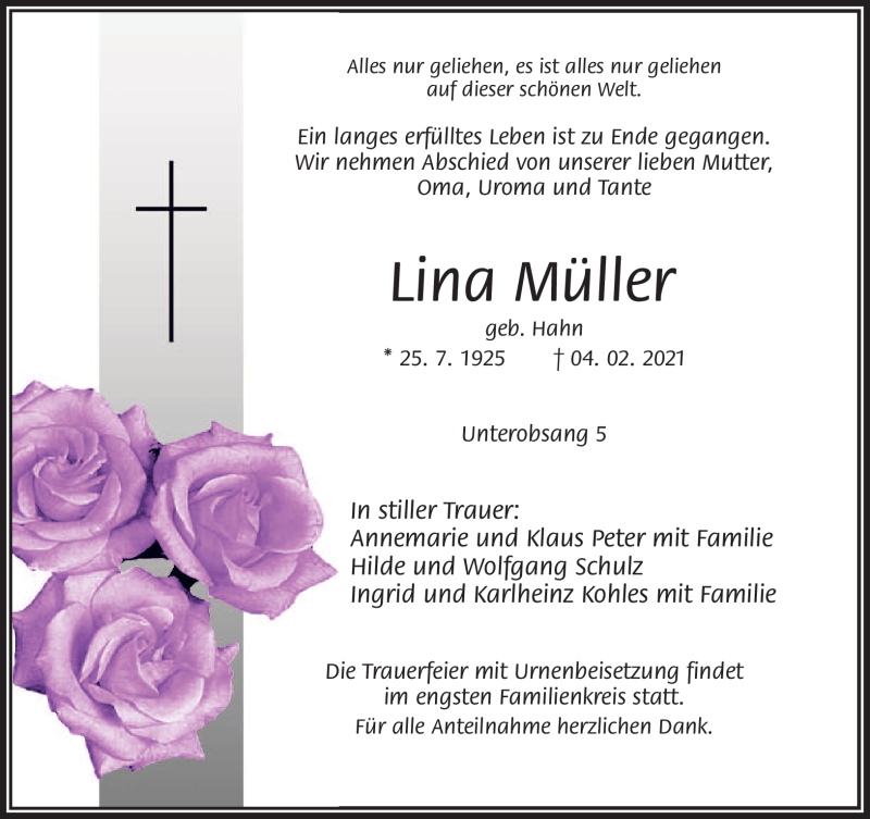  Traueranzeige für Lina Müller vom 10.02.2021 aus Nordbayerischer Kurier