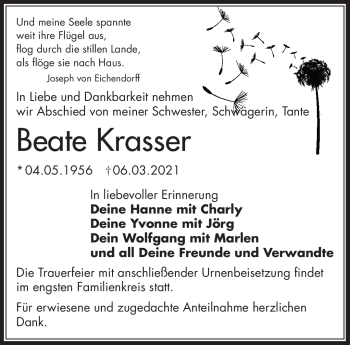 Anzeige von Beate Krasser von Nordbayerischer Kurier