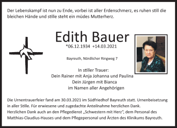 Anzeige von Edith Bauer von Nordbayerischer Kurier