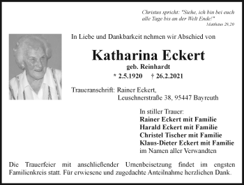 Anzeige von Katharina Eckert von Nordbayerischer Kurier