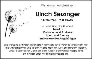 Anzeige von Ulrich Seizinger von Nordbayerischer Kurier