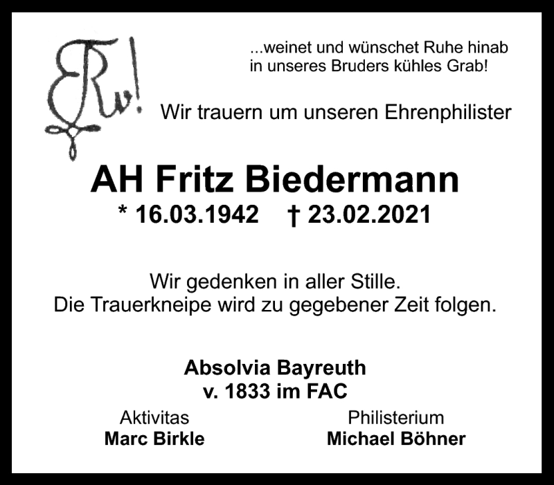  Traueranzeige für Fritz Biedermann vom 06.03.2021 aus Nordbayerischer Kurier