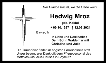 Anzeige von Hedwig Mroz von Nordbayerischer Kurier