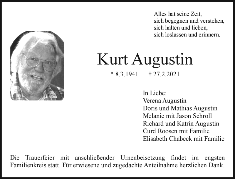  Traueranzeige für Kurt Augustin vom 06.03.2021 aus Nordbayerischer Kurier