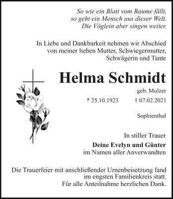 Anzeige von Helma Schmidt von Nordbayerischer Kurier