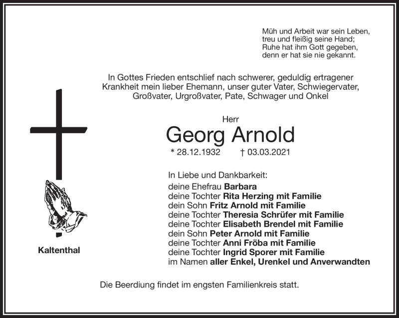  Traueranzeige für Georg Arnold vom 05.03.2021 aus Nordbayerischer Kurier