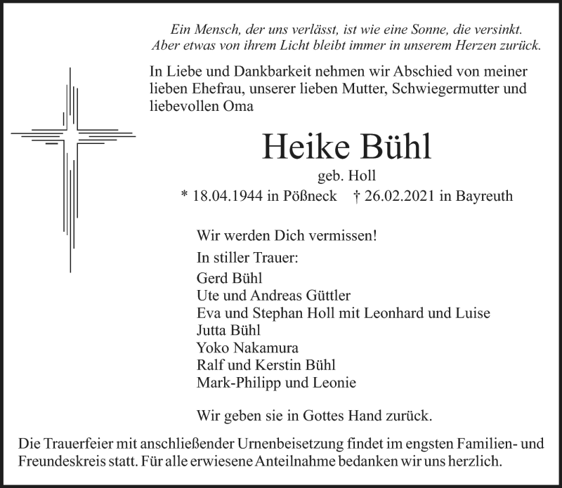  Traueranzeige für Heike Bühl vom 13.03.2021 aus Nordbayerischer Kurier
