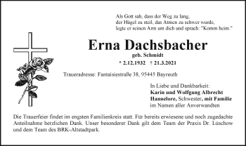 Anzeige von Erna Dachsbacher von Nordbayerischer Kurier