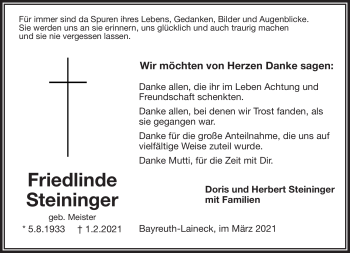 Anzeige von Friedlinde Steininger von Nordbayerischer Kurier
