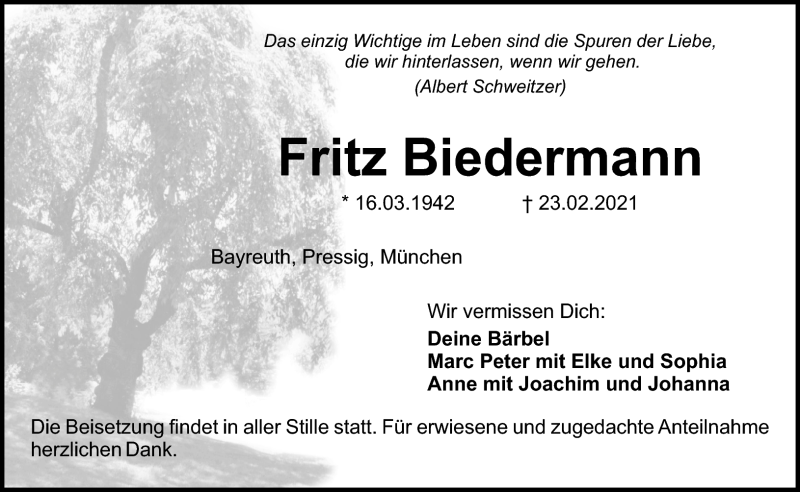  Traueranzeige für Fritz Biedermann vom 06.03.2021 aus Nordbayerischer Kurier