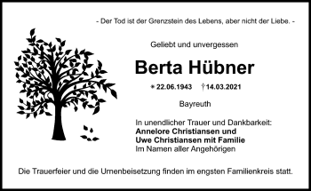 Anzeige von Berta Hübner von Nordbayerischer Kurier