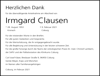 Anzeige von Irmgard Claußen von Nordbayerischer Kurier