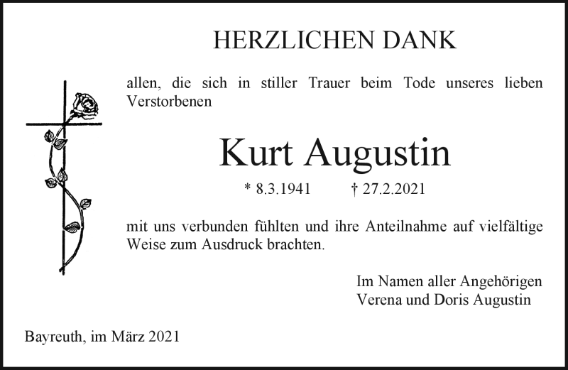  Traueranzeige für Kurt Augustin vom 27.03.2021 aus Nordbayerischer Kurier