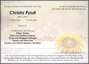Anzeige von Christa Pauli von Nordbayerischer Kurier