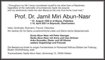 Anzeige von Jamil Miri Abun-Nasr von Nordbayerischer Kurier