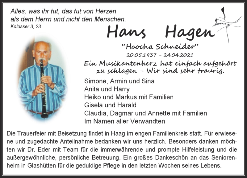  Traueranzeige für Hans Hagen vom 30.04.2021 aus Nordbayerischer Kurier