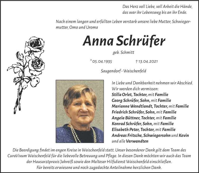  Traueranzeige für Anna Schrüfer vom 17.04.2021 aus Nordbayerischer Kurier
