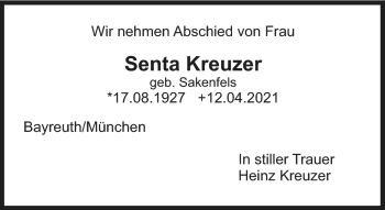 Anzeige von Senta Kreuzer von Nordbayerischer Kurier
