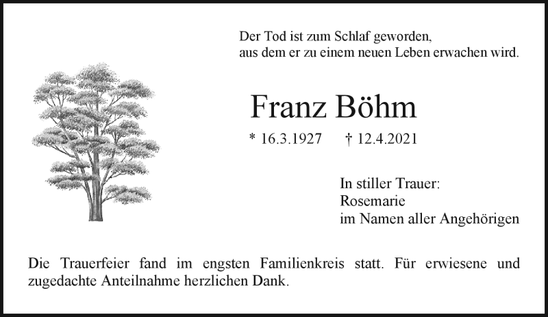  Traueranzeige für Franz Böhm vom 24.04.2021 aus Nordbayerischer Kurier