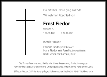Anzeige von Ernst Fiedor von Nordbayerischer Kurier