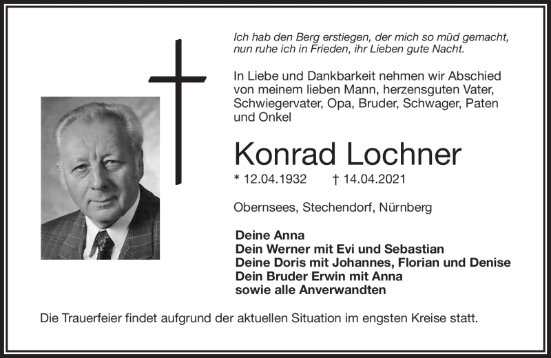  Traueranzeige für Konrad Lochner vom 21.04.2021 aus Nordbayerischer Kurier